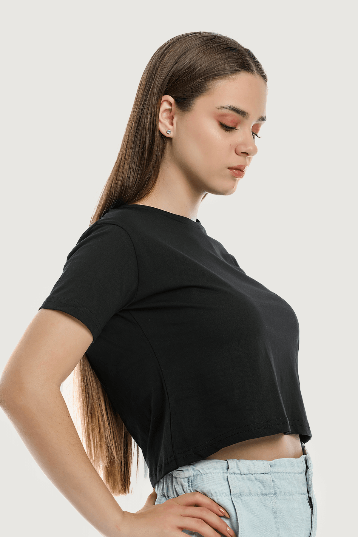 Women's Black Crew Neck Basic Crop T-shirt