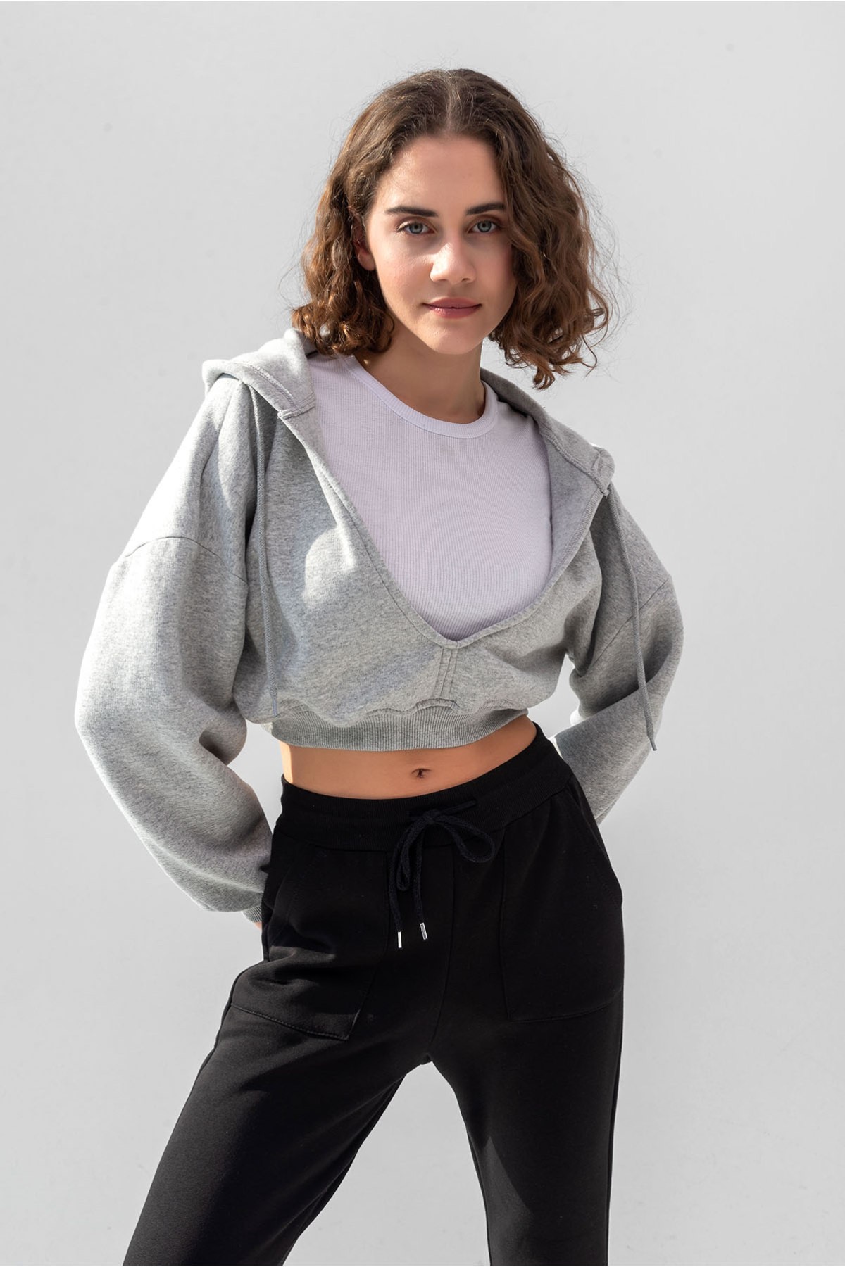 Hooded V Neck Crop Knitted Sweatshirt - Gray
