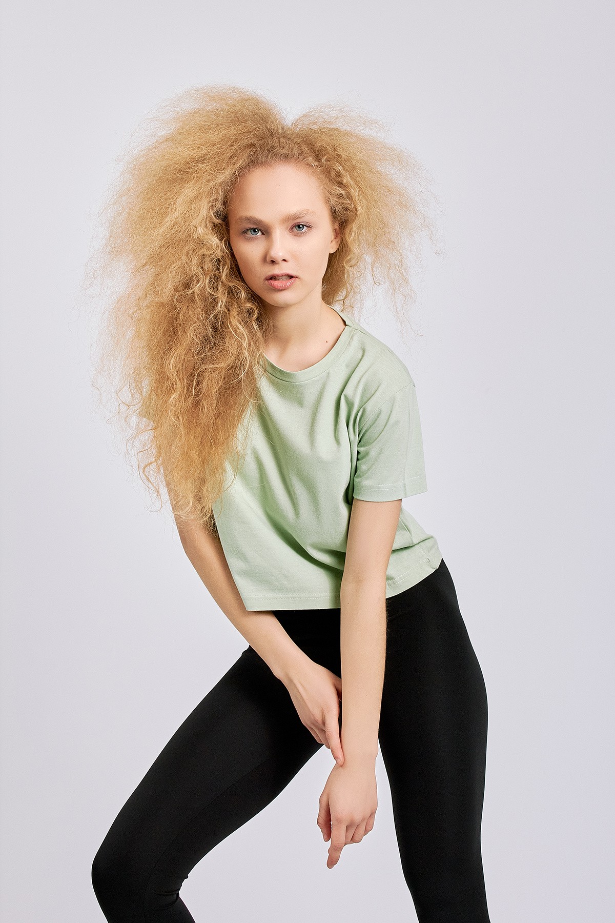 Water Green Crew Neck Basic Crop T-Shirt