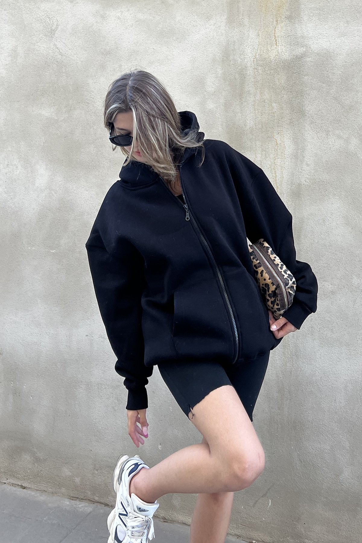 Fermuarlı Şardonlu Oversize Sweatshirt