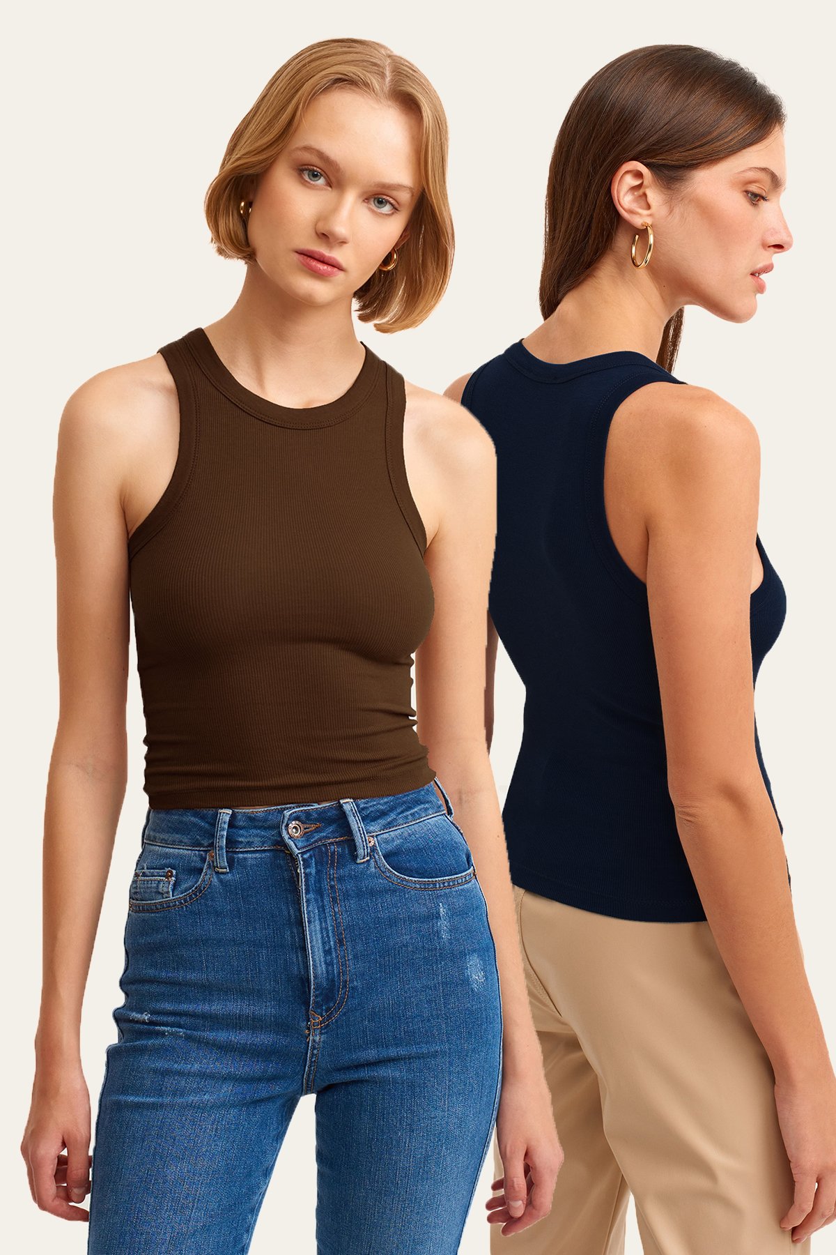 2-Pack Ribbed Halter Neck Knit Tank Top - Brown - Navy Blue