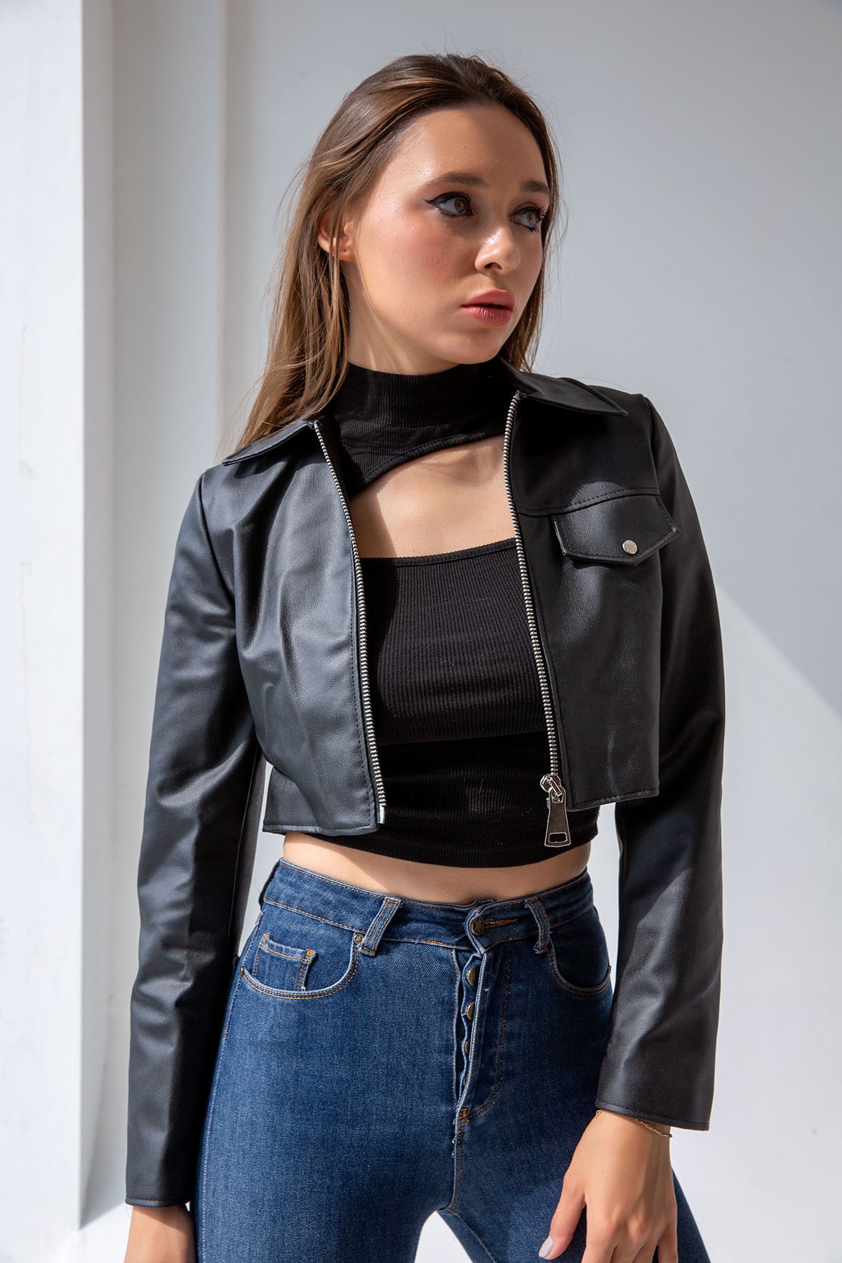 Leather Crop Biker Jacket - Black