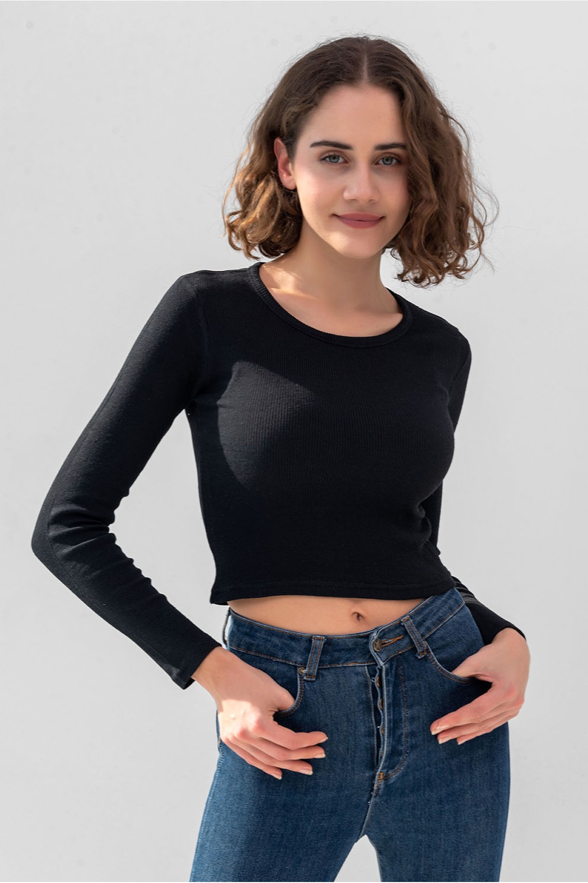 Uzun Kollu Fitilli Bluz Crop Örme T-shirt - Negra