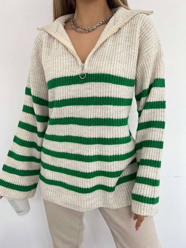 Zippered Oversized Knit Sweater - Green