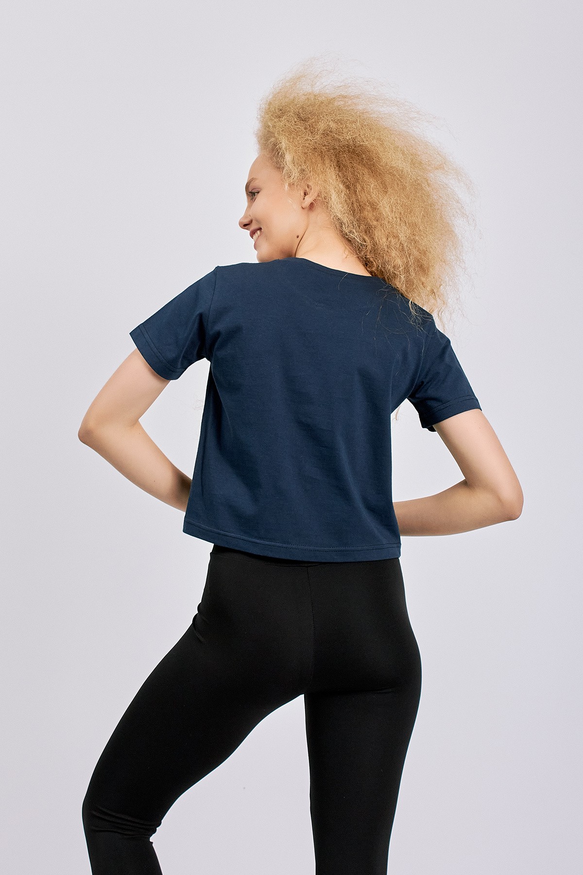 Navy Blue Crew Neck Basic Crop T-Shirt