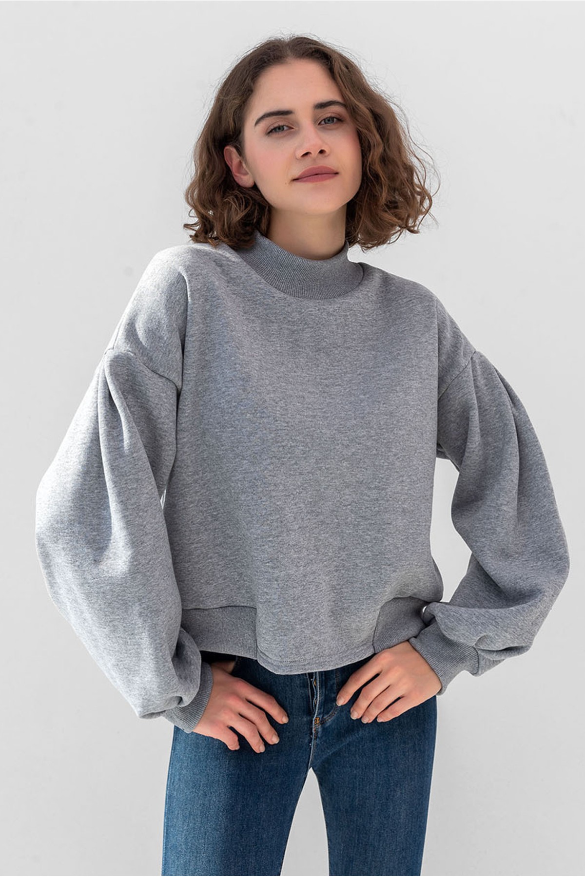 Gray Turtleneck Balloon Sleeve Crop Knitted Sweatshirt - Gray