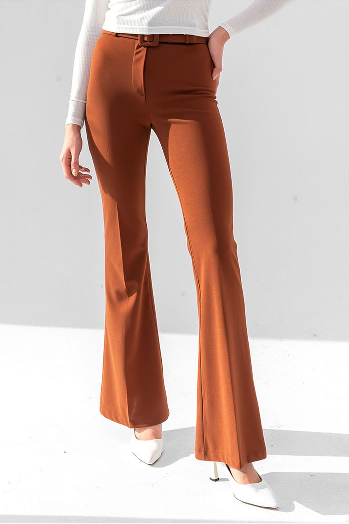 Women's Belted High Waist Flared Trousers