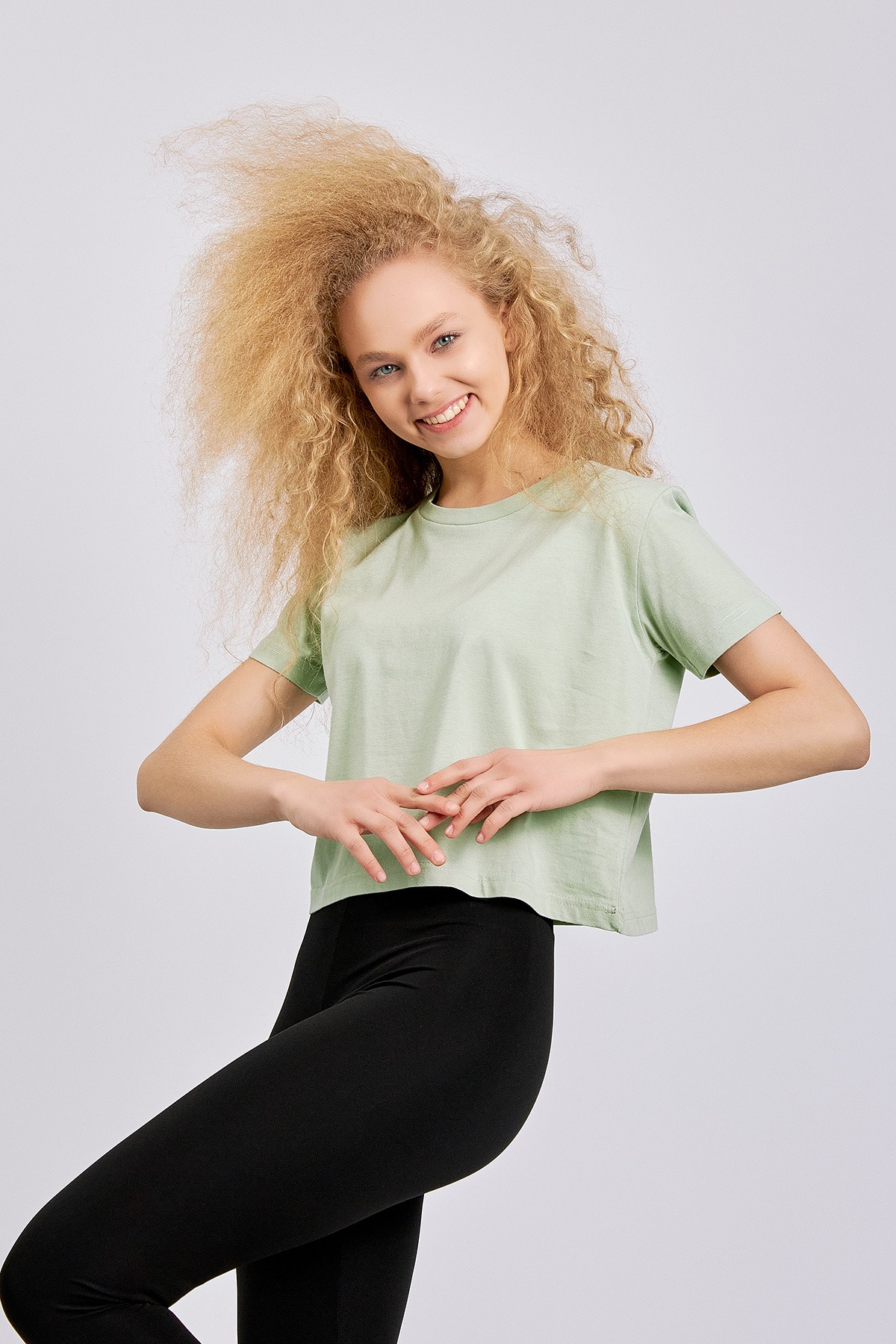 Water Green Crew Neck Basic Crop T-Shirt