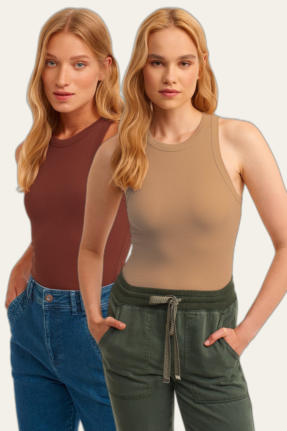 2-Pack Ribbed Halter Neck Knit Tank Top - Mink - Terracotta