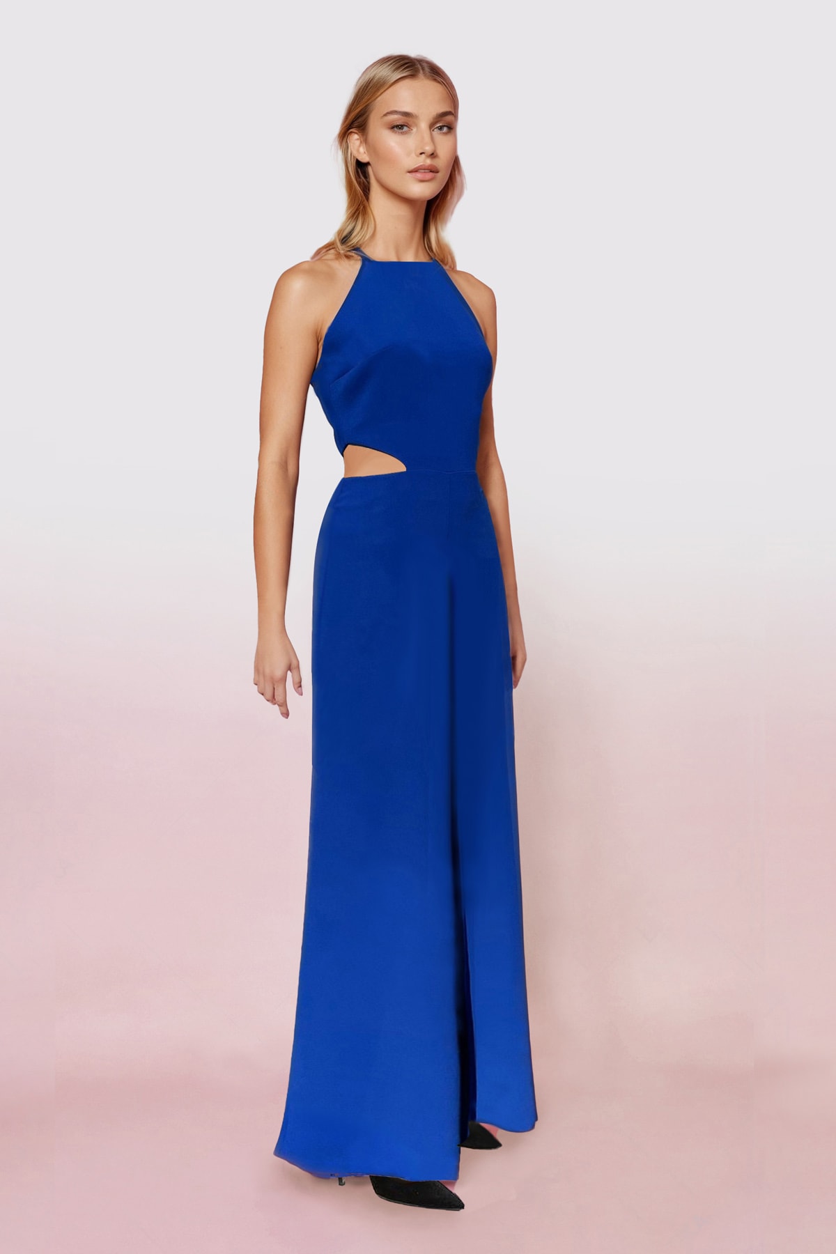 Bel ve Sırt Dekolteli Halter Yaka Tulum - Saks
