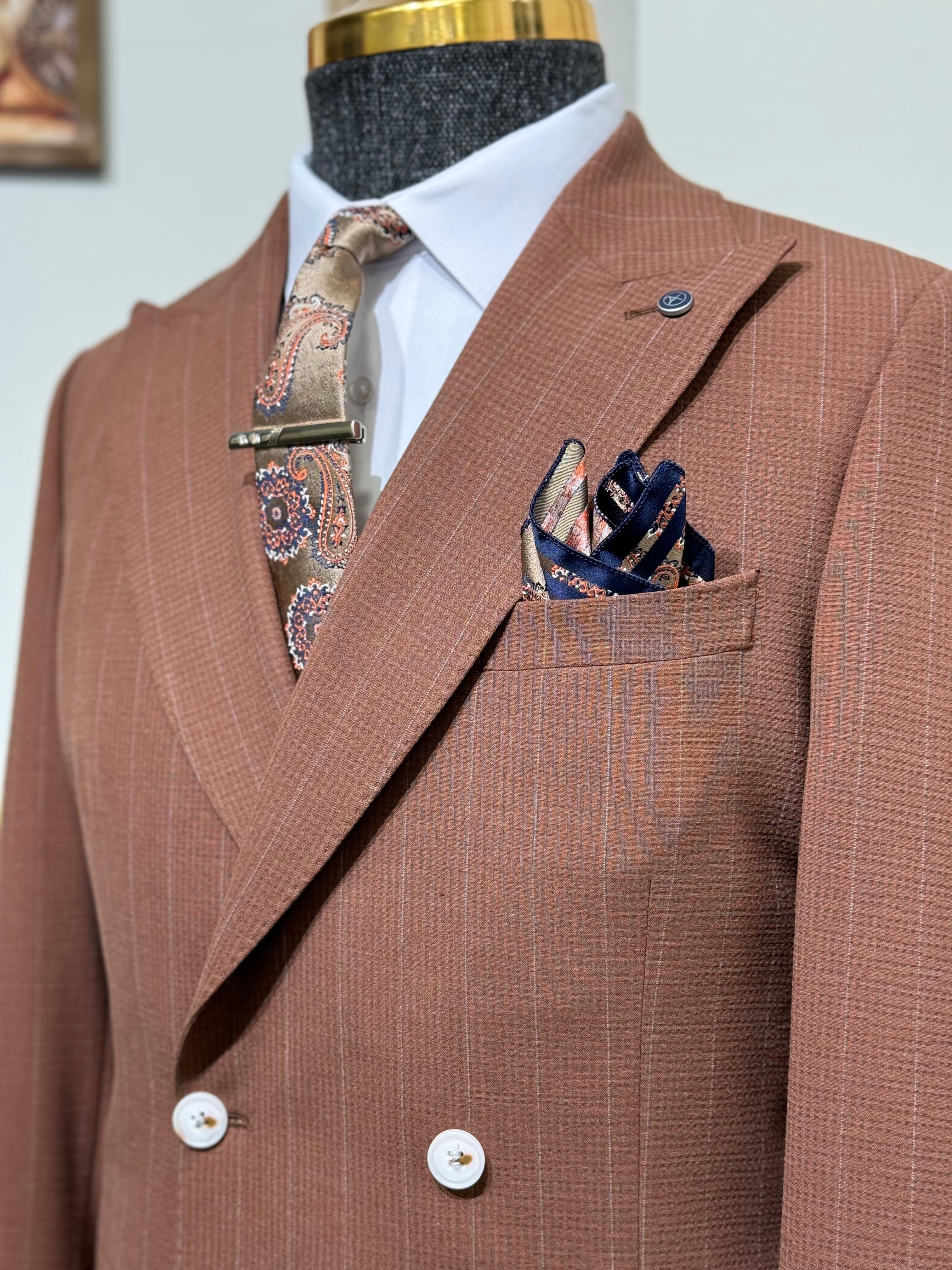 Slim Fit İtalyan Kesim Çizgili Kruvaze Ceket