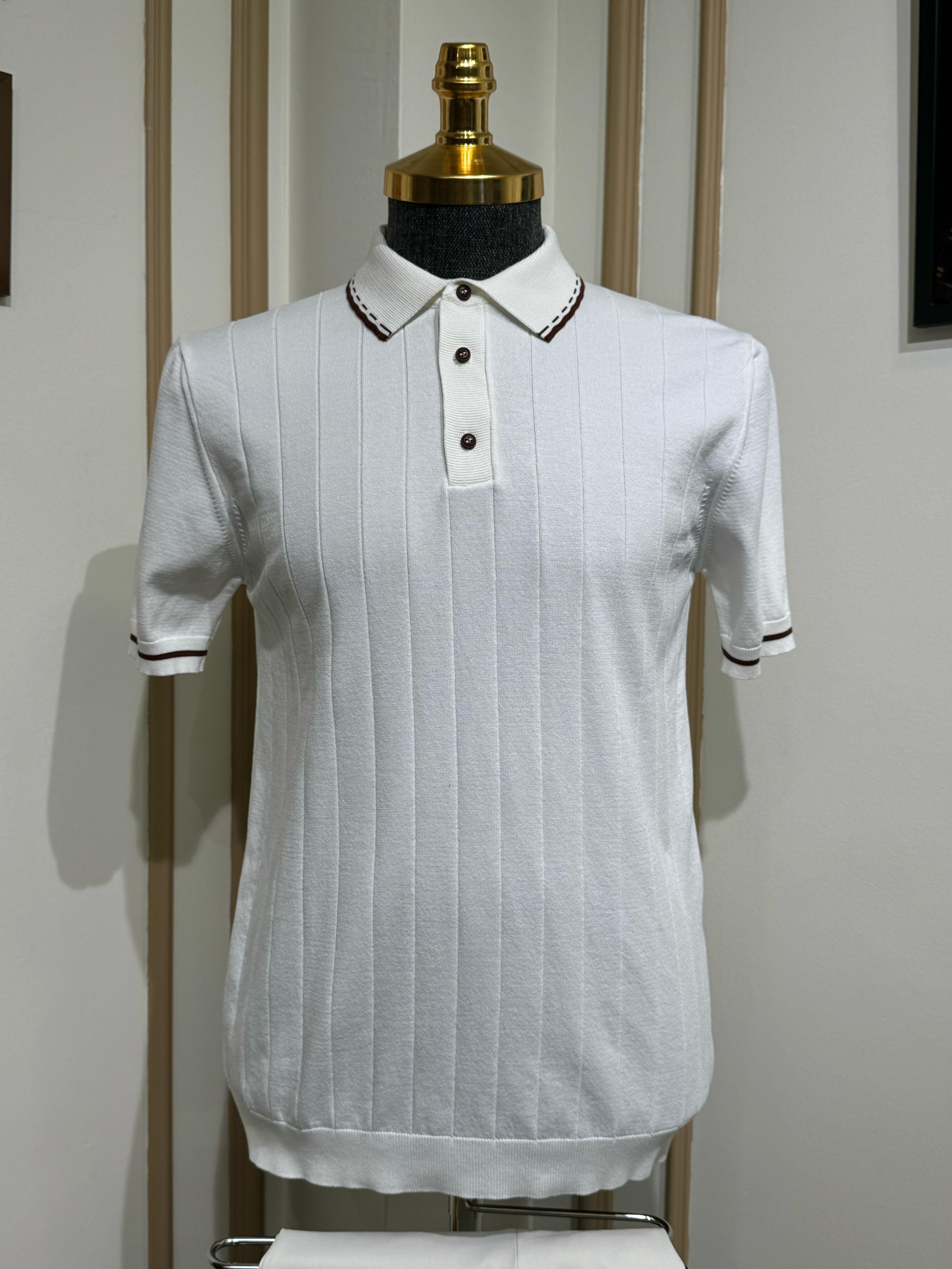 Çizgili Slim Fit Polo Yaka Triko T-Shirt - Beyaz