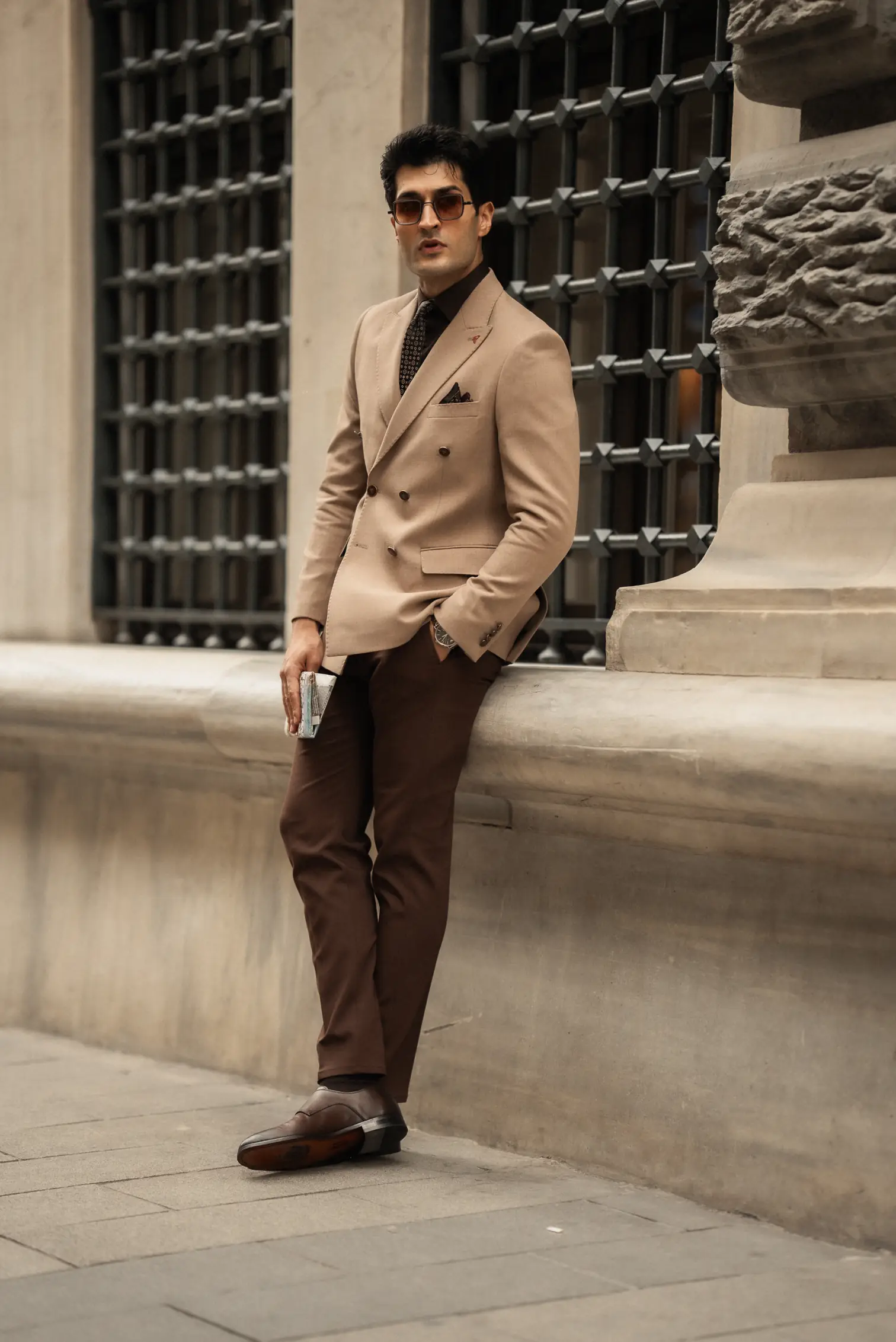 Slim Fit Geniş Yaka Kruvaze Yün Ceket - Bej