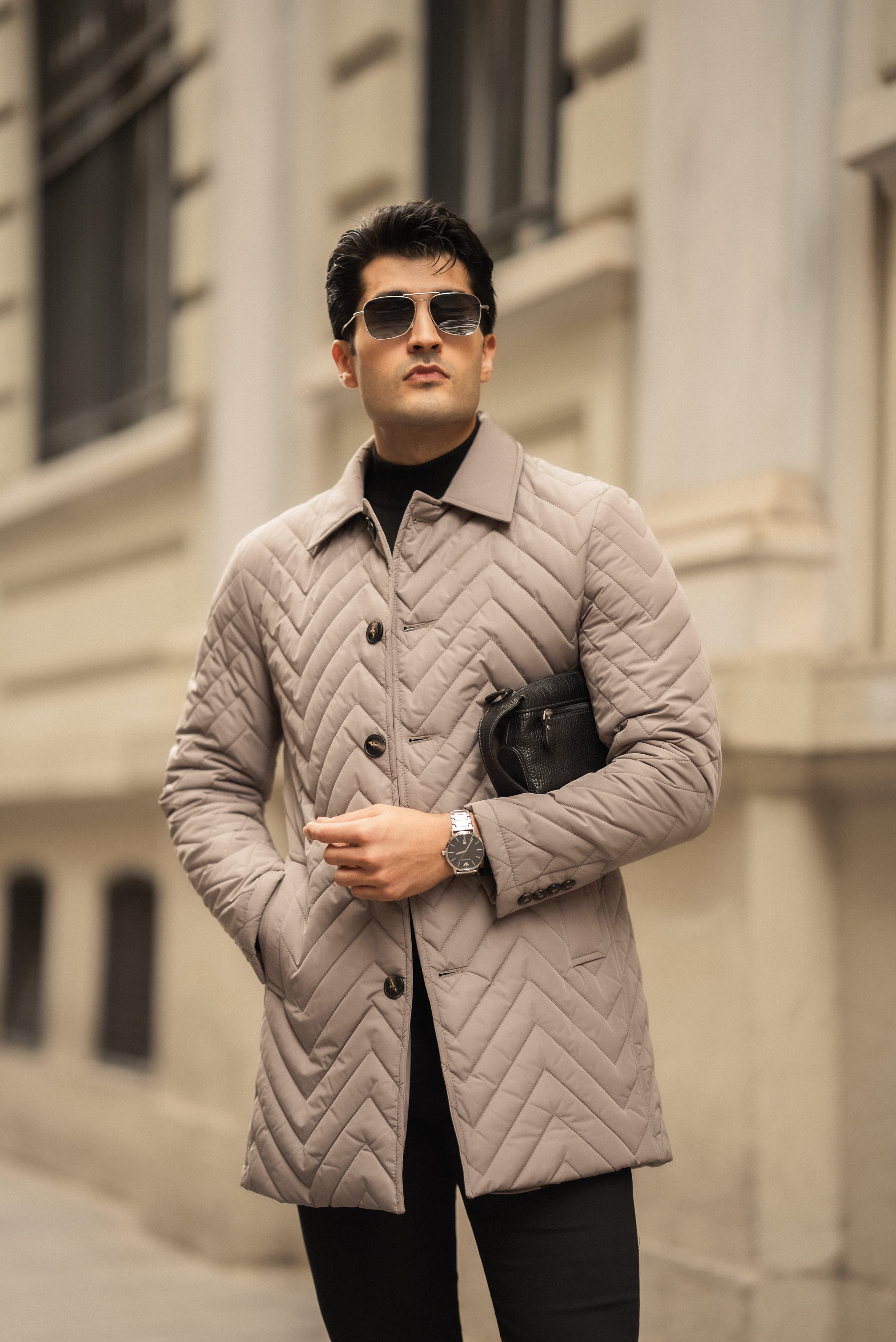Desenli Slim Fit Gömlek Yaka Trench Kaban