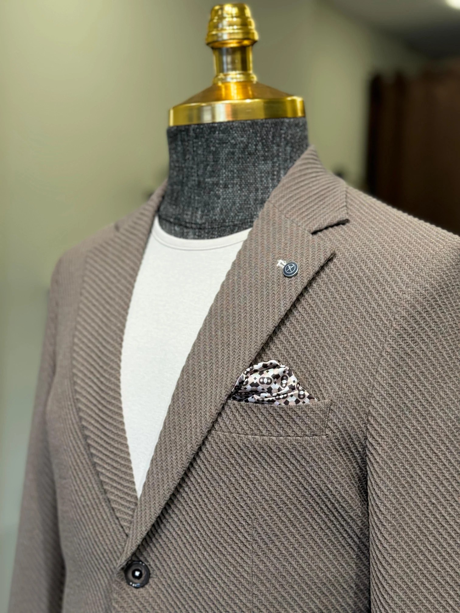 Slim Fit Kendinden Desenli Mono Yaka Ceket 