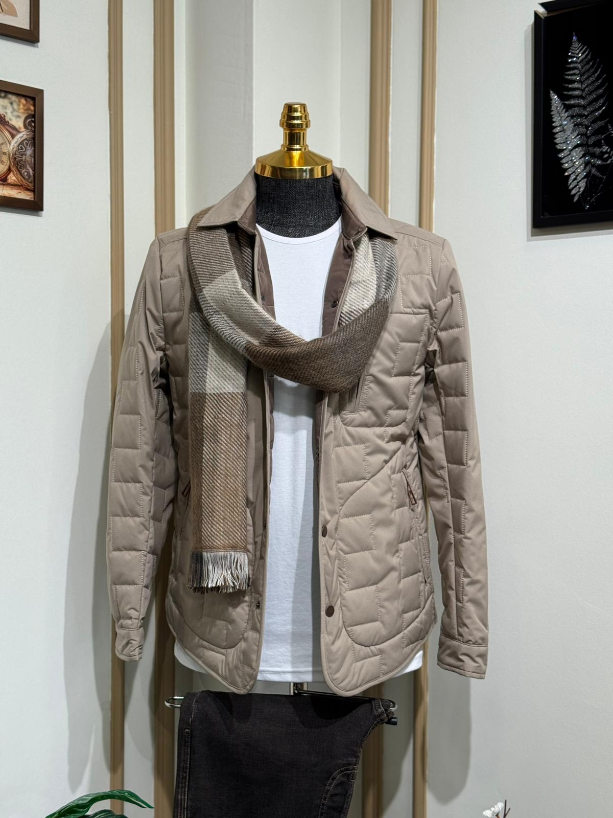 Slim Fit Desenli Gömlek Yaka Mont - Bej