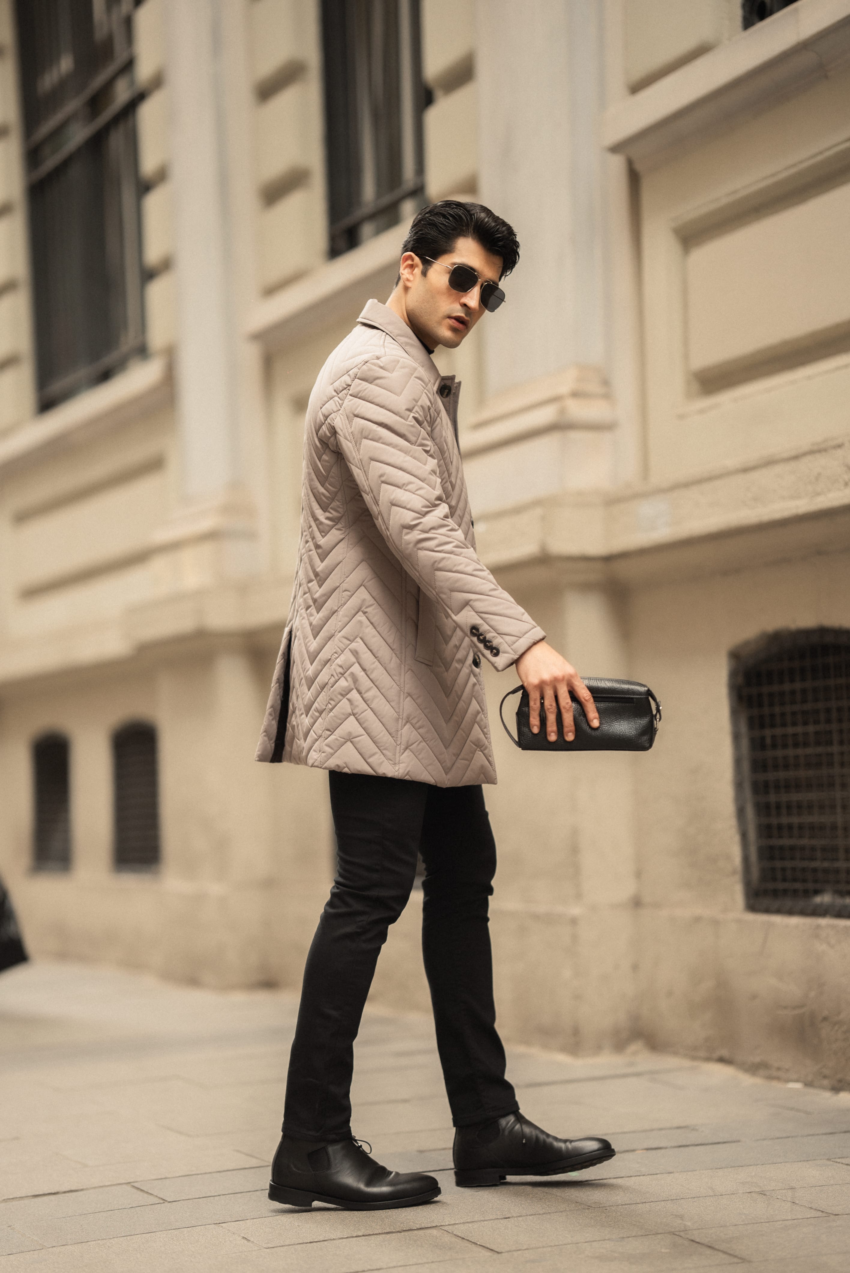 Desenli Slim Fit Gömlek Yaka Trench Kaban