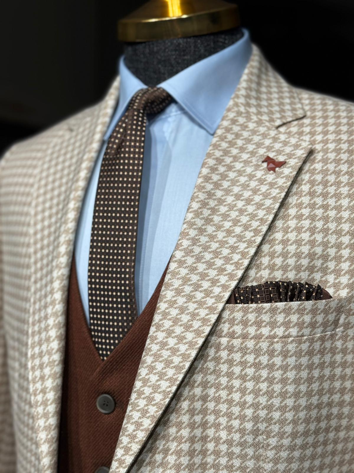 Kaz Ayağı Desen Slim Fit Mono Yaka Ceket