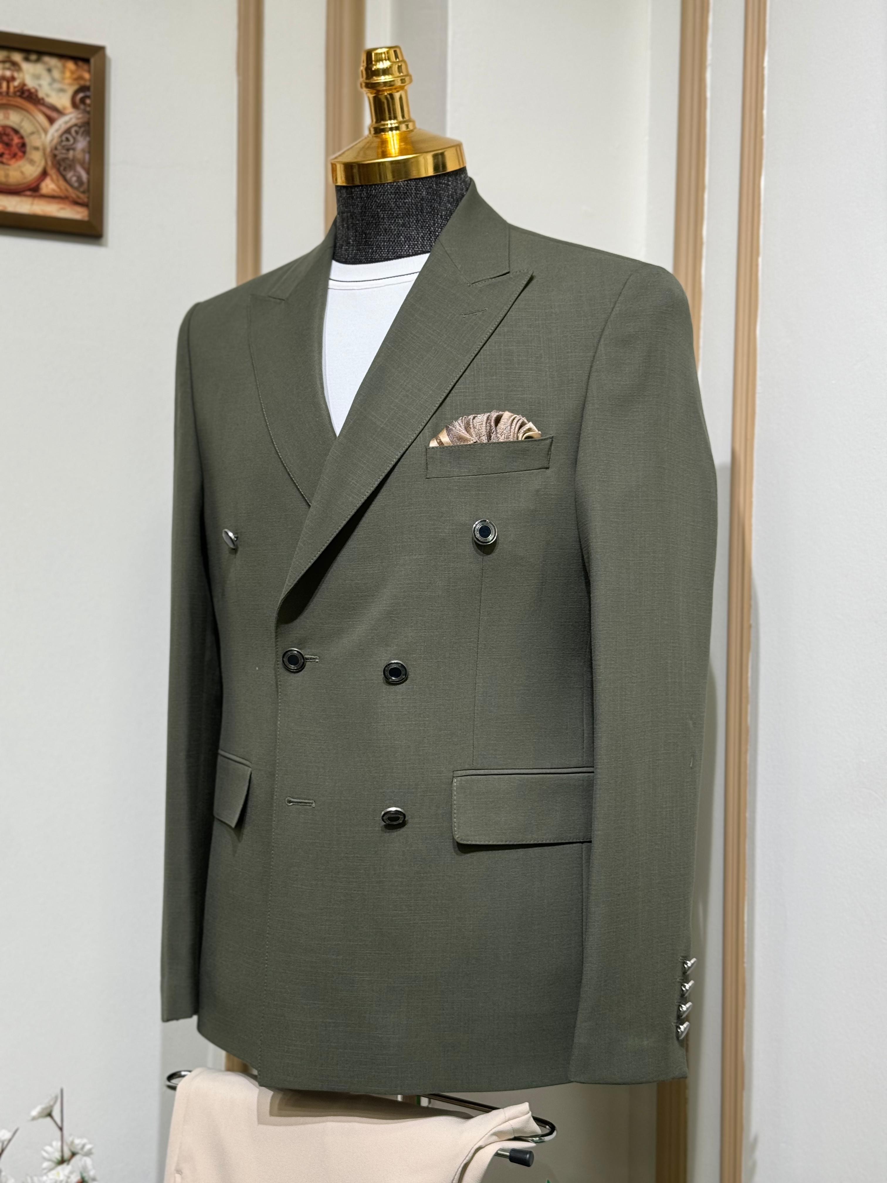 Düz Slim Fit Kruvaze Takım Elbise  - Haki