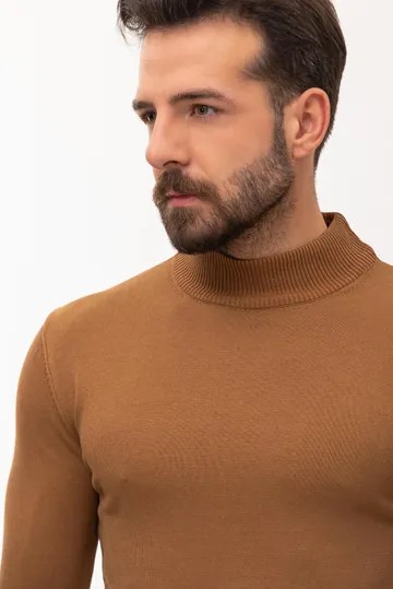 Düz Slim Fit Erkek Yarım Balıkçı Yaka Kazak - Camel