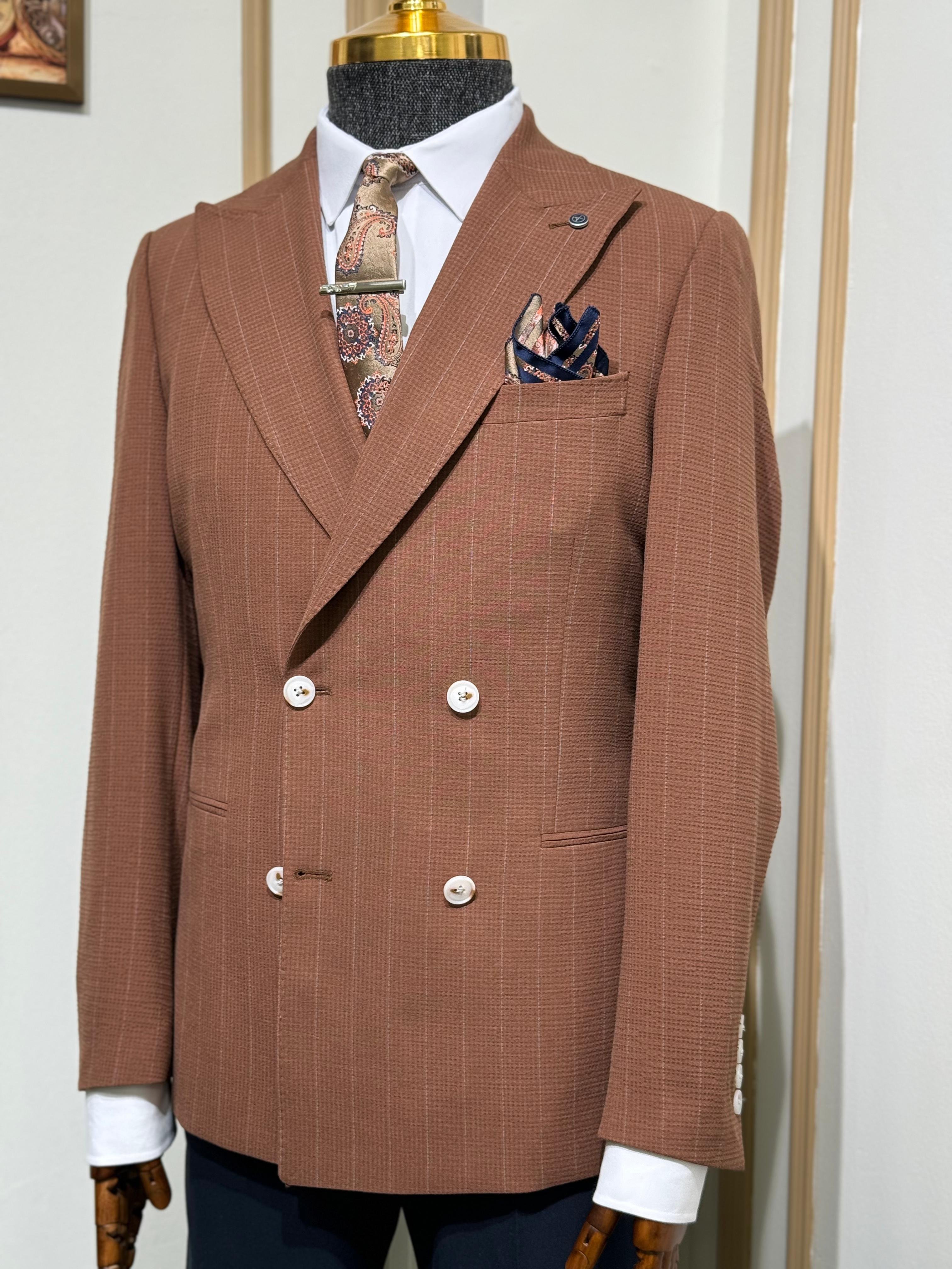 Slim Fit İtalyan Kesim Çizgili Kruvaze Ceket