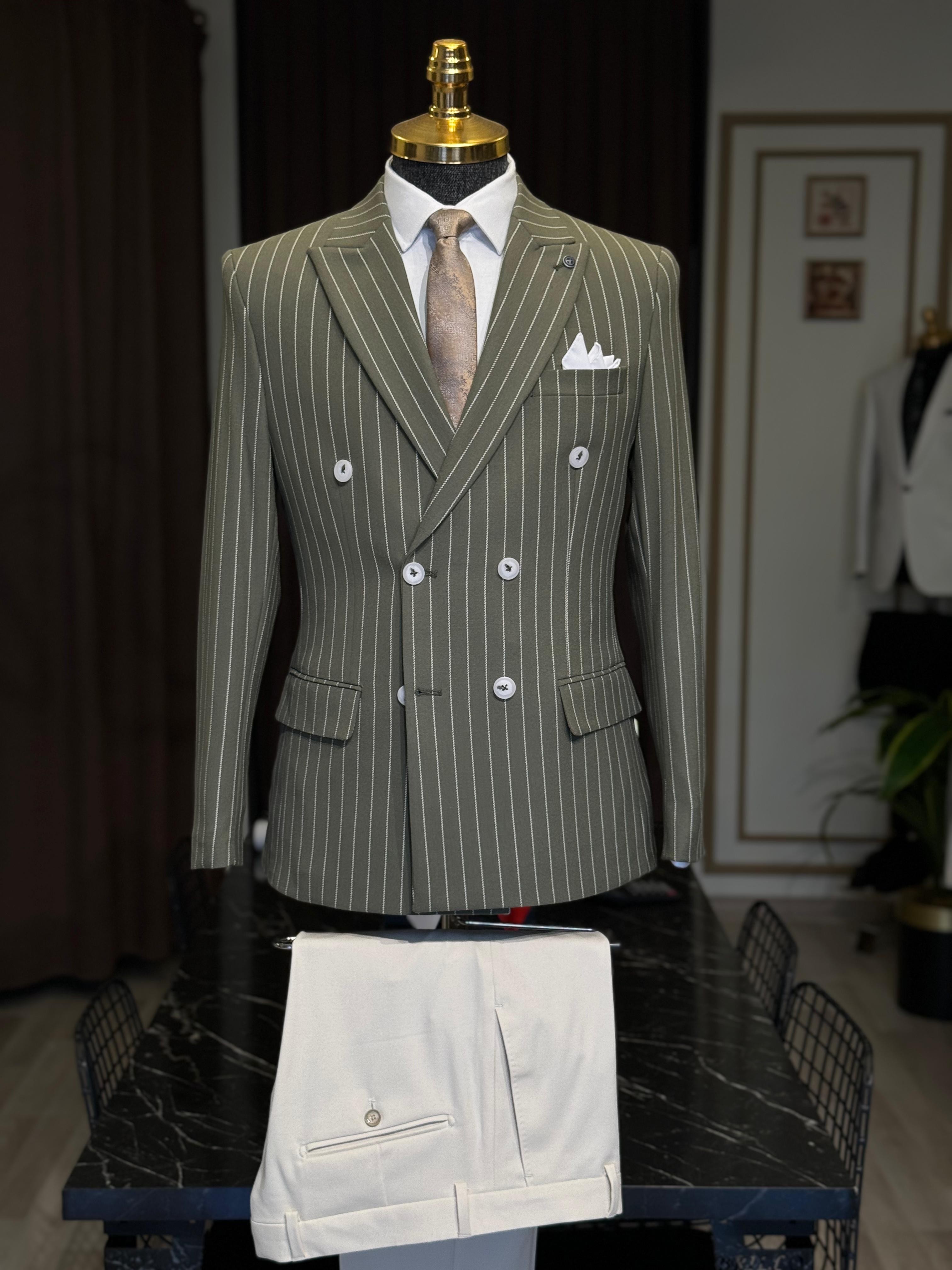 Slim Fit Çizgili İtalyan Kesim Kruvaze Takım Elbise  - Haki