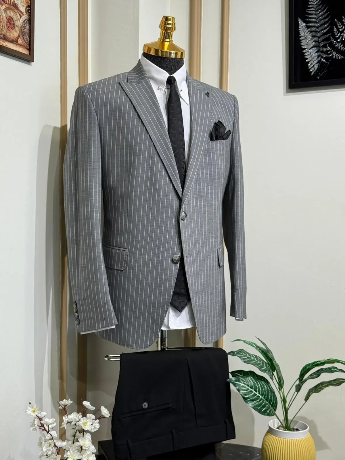 Çizgili Slim Fit Geniş Yaka Yün Ceket  - Gri