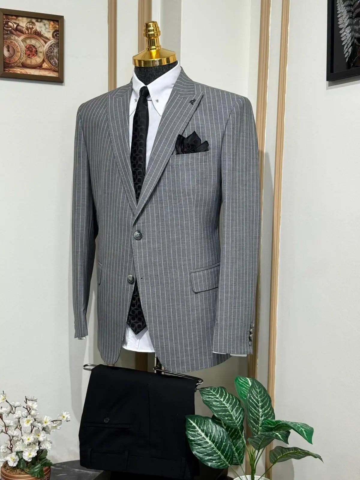 Çizgili Slim Fit Geniş Yaka Yün Ceket  - Gri