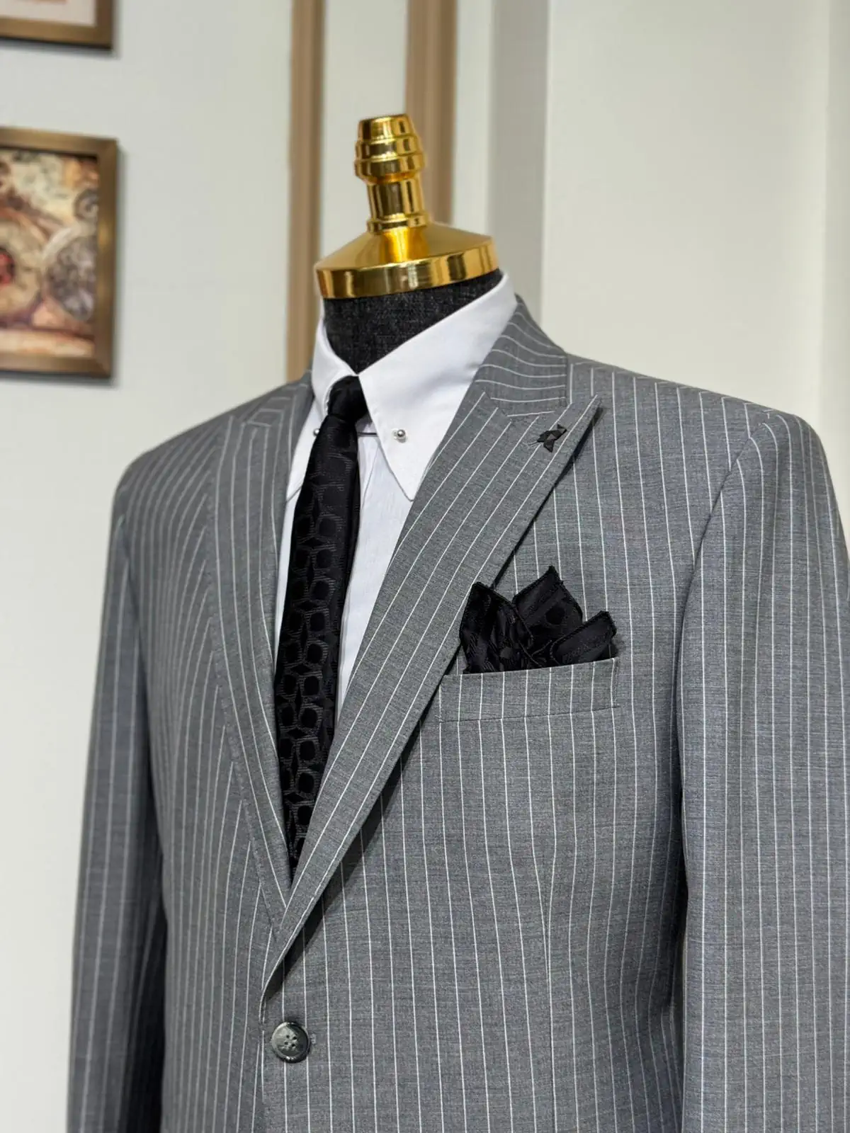 Çizgili Slim Fit Geniş Yaka Yün Ceket  - Gri