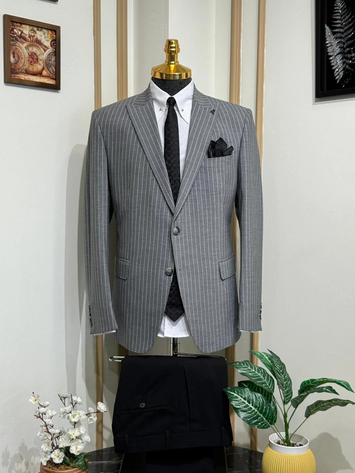 Çizgili Slim Fit Geniş Yaka Yün Ceket  - Gri