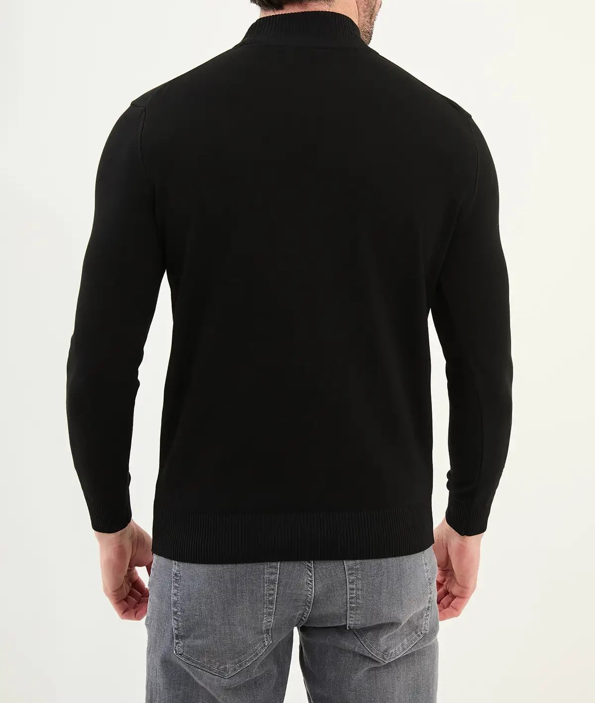 Düz Slim Fit Yarım Balıkçı Triko Kazak  - Siyah