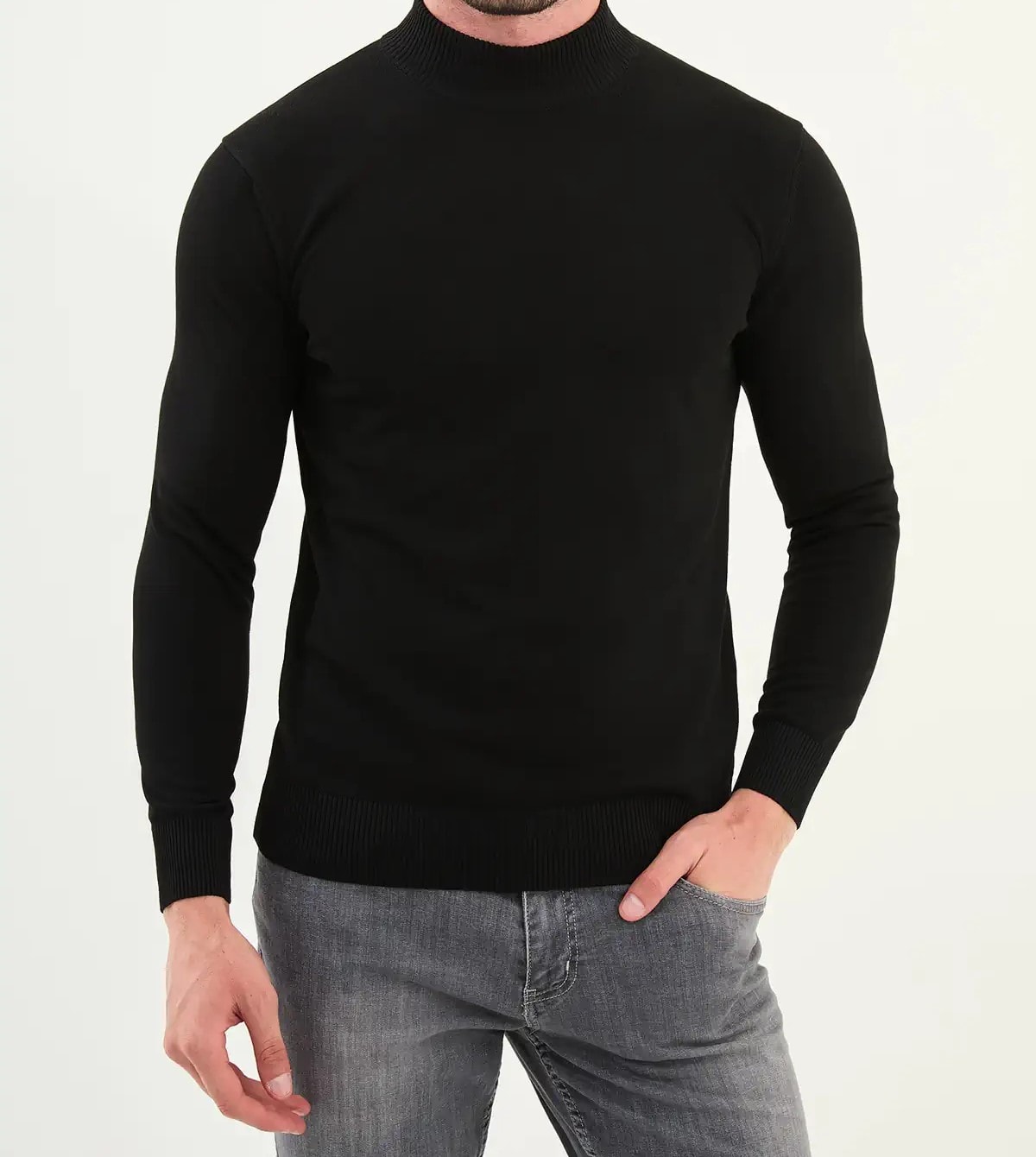 Düz Slim Fit Yarım Balıkçı Triko Kazak  - Siyah