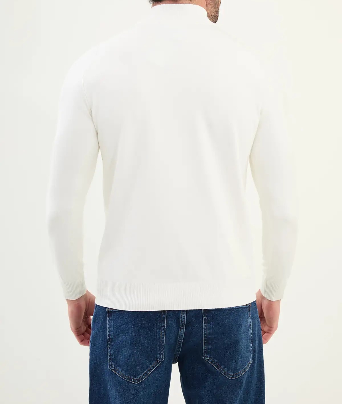 Düz Slim Fit Yarım Balıkçı Triko Kazak  - Ekru