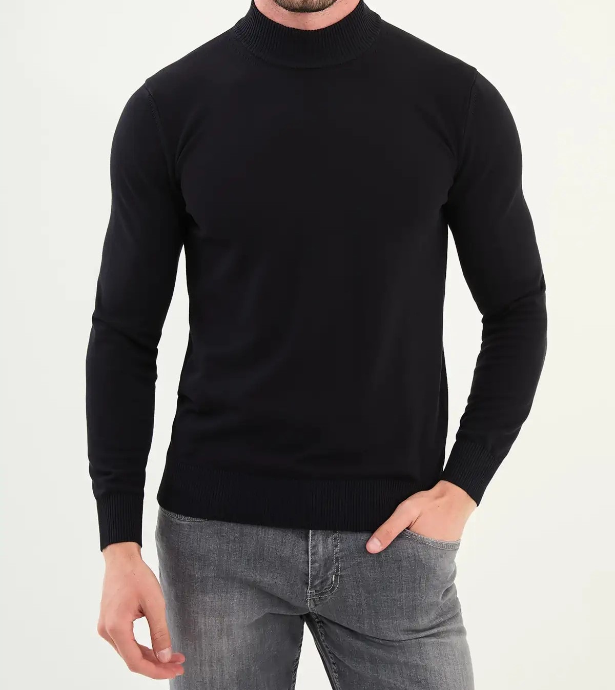Düz Slim Fit Yarım Balıkçı Triko Kazak  - Lacivert