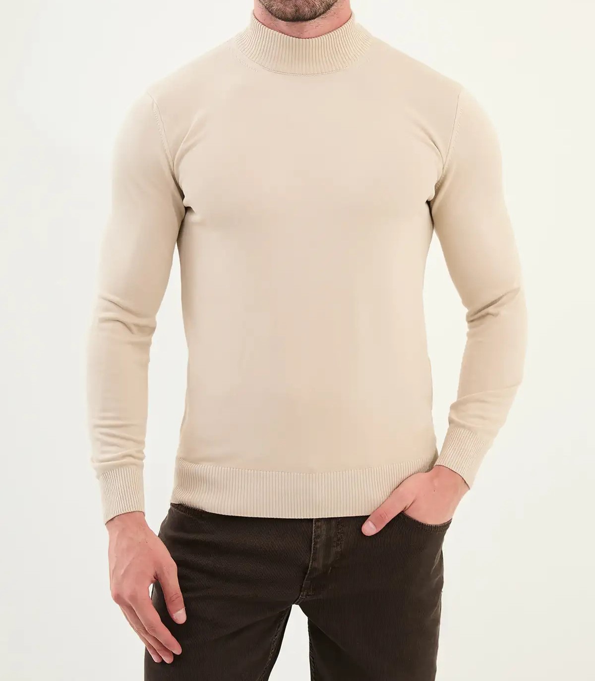 Düz Slim Fit Yarım Balıkçı Triko Kazak  - Koyu Bej