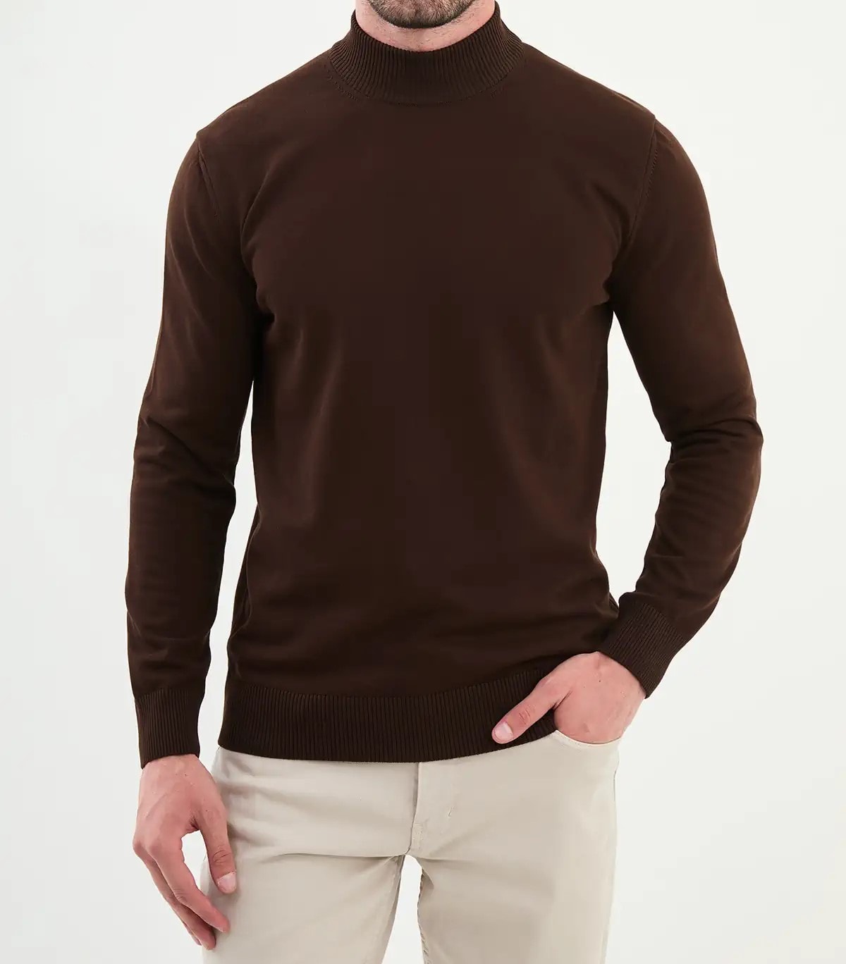 Düz Slim Fit Yarım Balıkçı Triko Kazak  - Kahverengi
