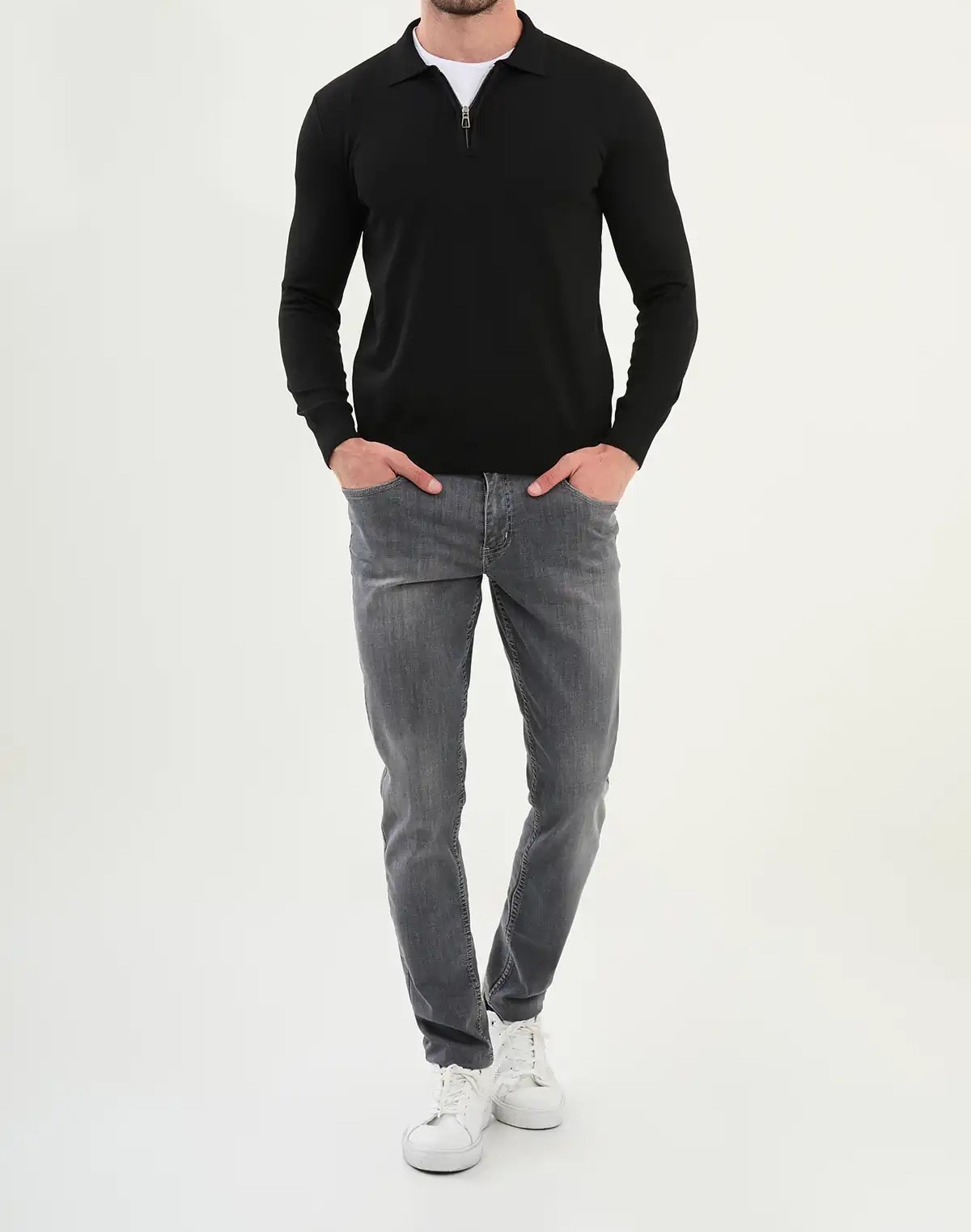Düz Slim Fit Fermuarlı Polo Yaka Triko Kazak - Siyah
