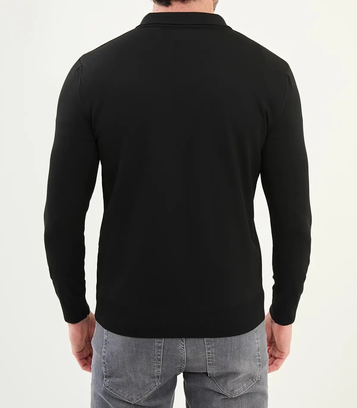 Düz Slim Fit Fermuarlı Polo Yaka Triko Kazak - Siyah