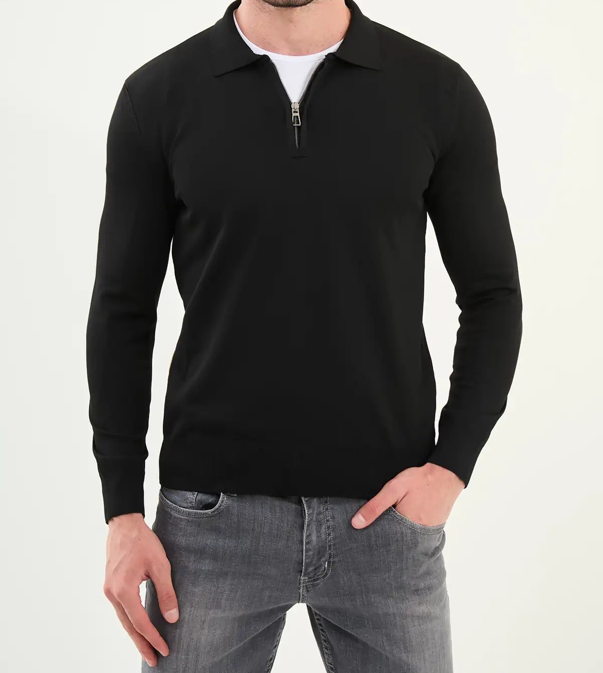 Düz Slim Fit Fermuarlı Polo Yaka Triko Kazak - Siyah