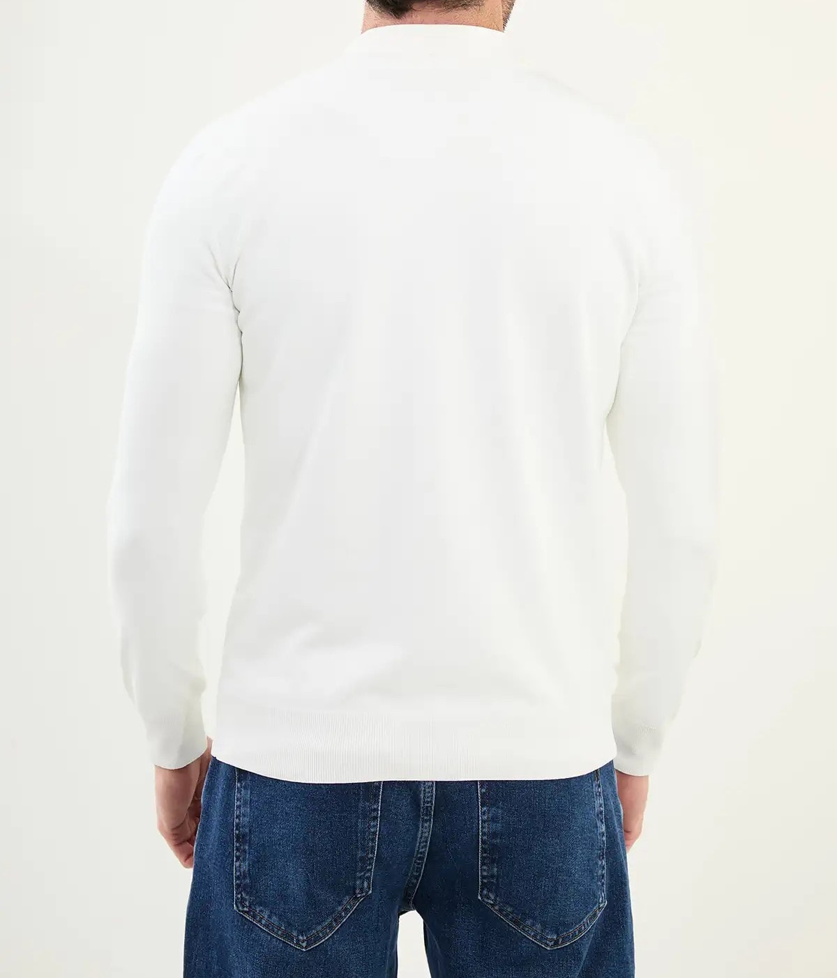Düz Slim Fit Fermuarlı Polo Yaka Triko Kazak - Ekru