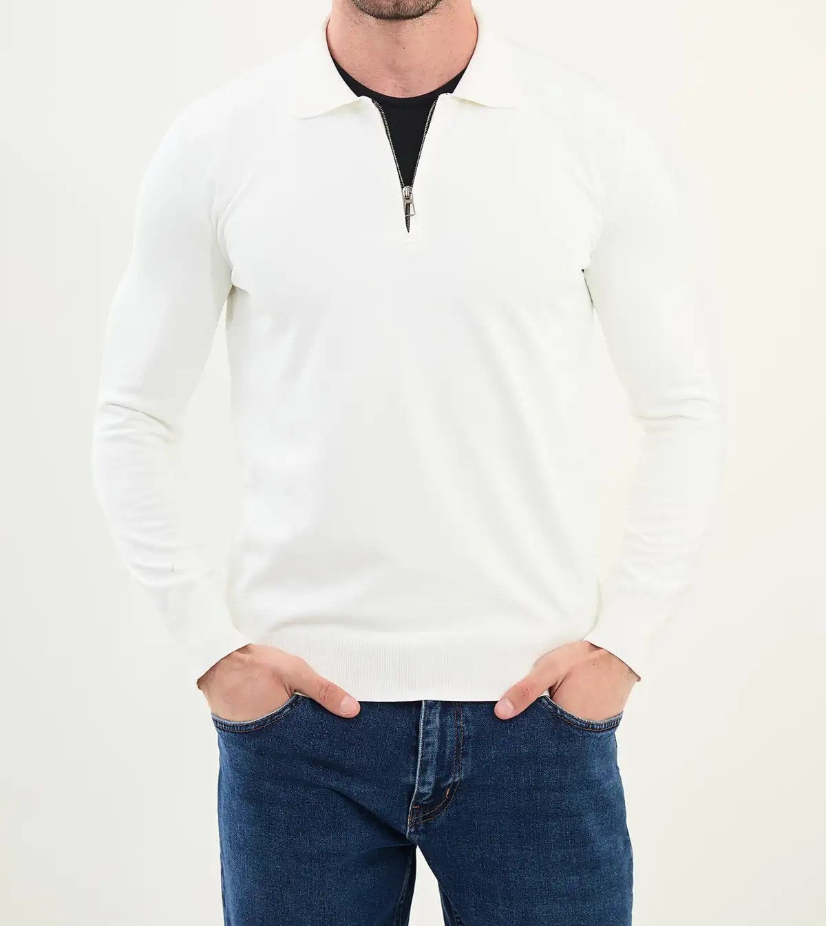 Düz Slim Fit Fermuarlı Polo Yaka Triko Kazak - Ekru