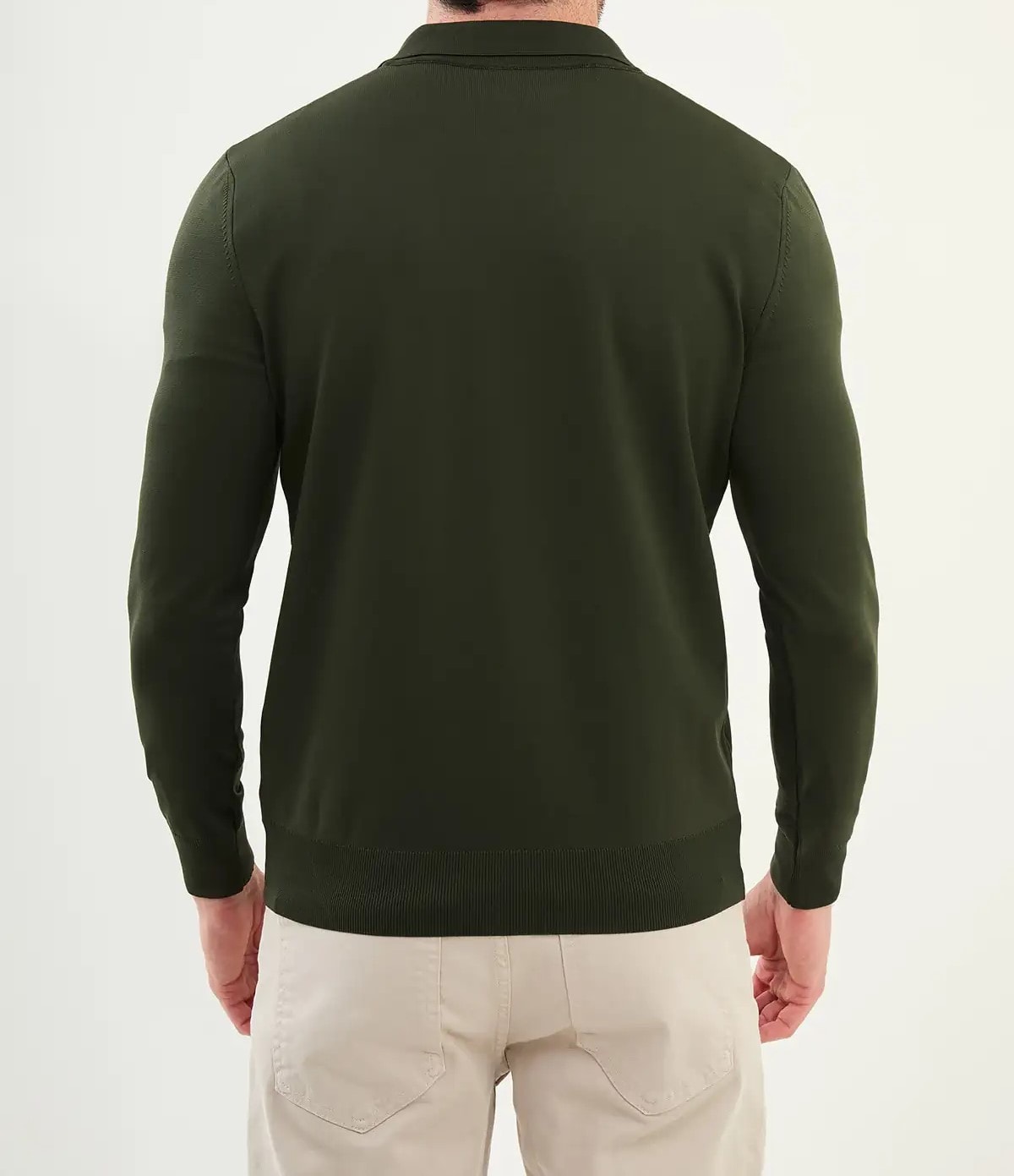 Düz Slim Fit Fermuarlı Polo Yaka Triko Kazak - Haki