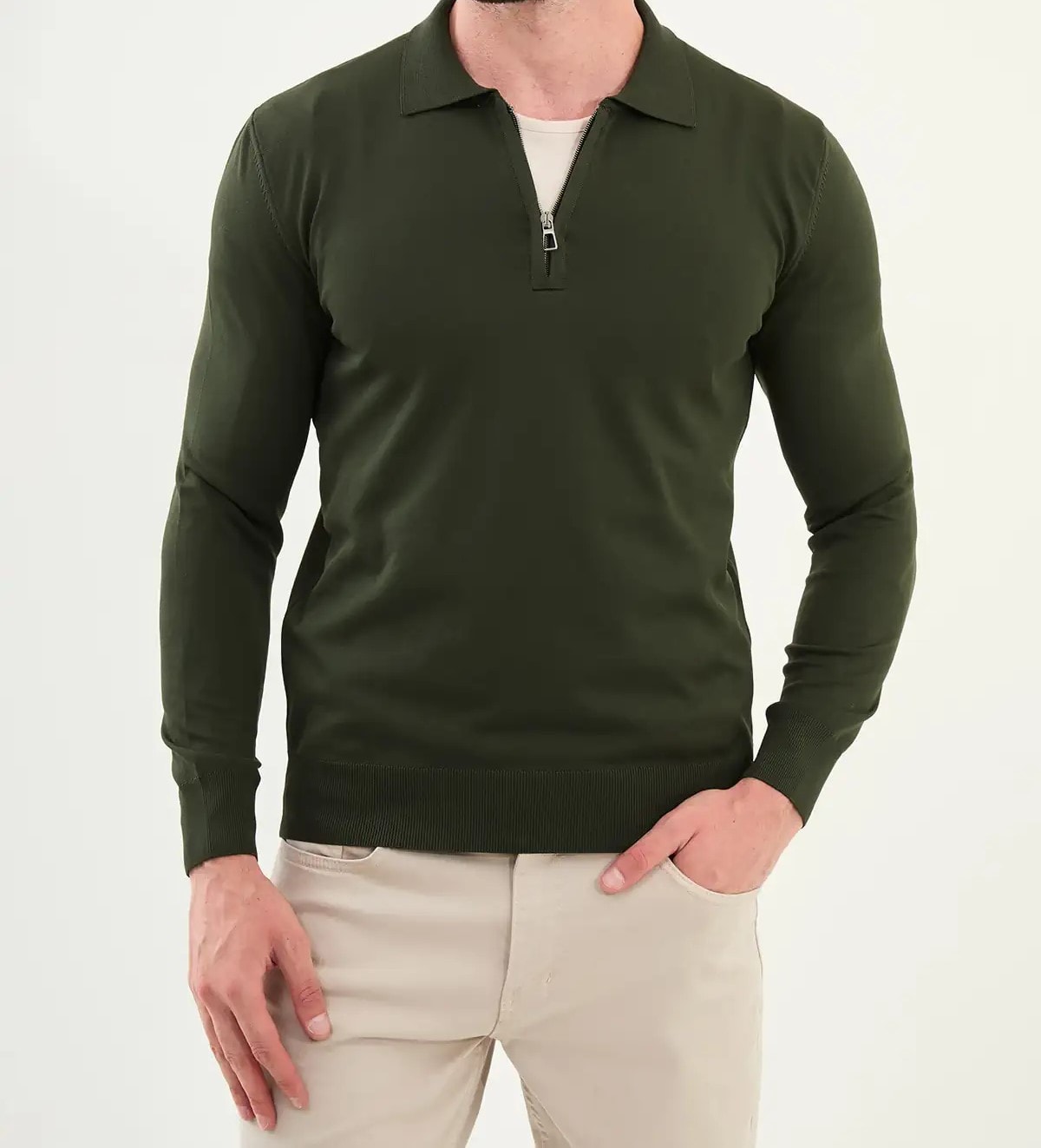 Düz Slim Fit Fermuarlı Polo Yaka Triko Kazak - Haki