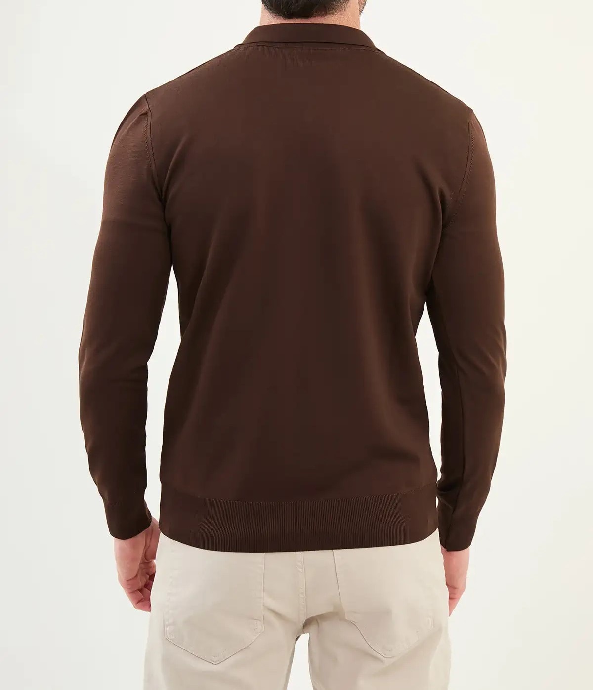Düz Slim Fit Fermuarlı Polo Yaka Triko Kazak - Kahverengi
