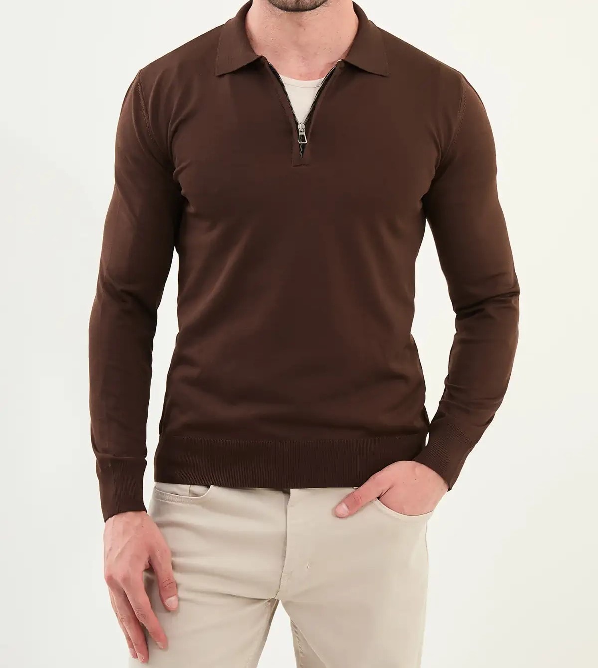 Düz Slim Fit Fermuarlı Polo Yaka Triko Kazak - Kahverengi