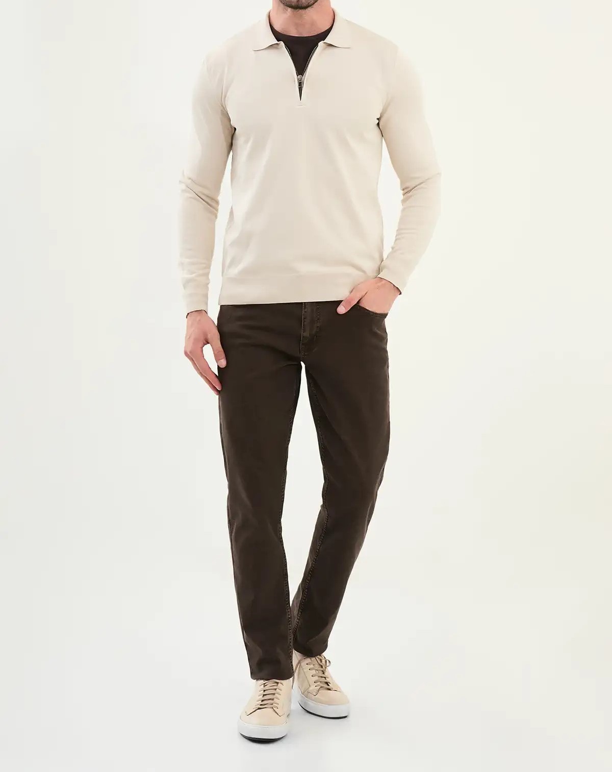 Düz Slim Fit Fermuarlı Polo Yaka Triko Kazak - Koyu Bej