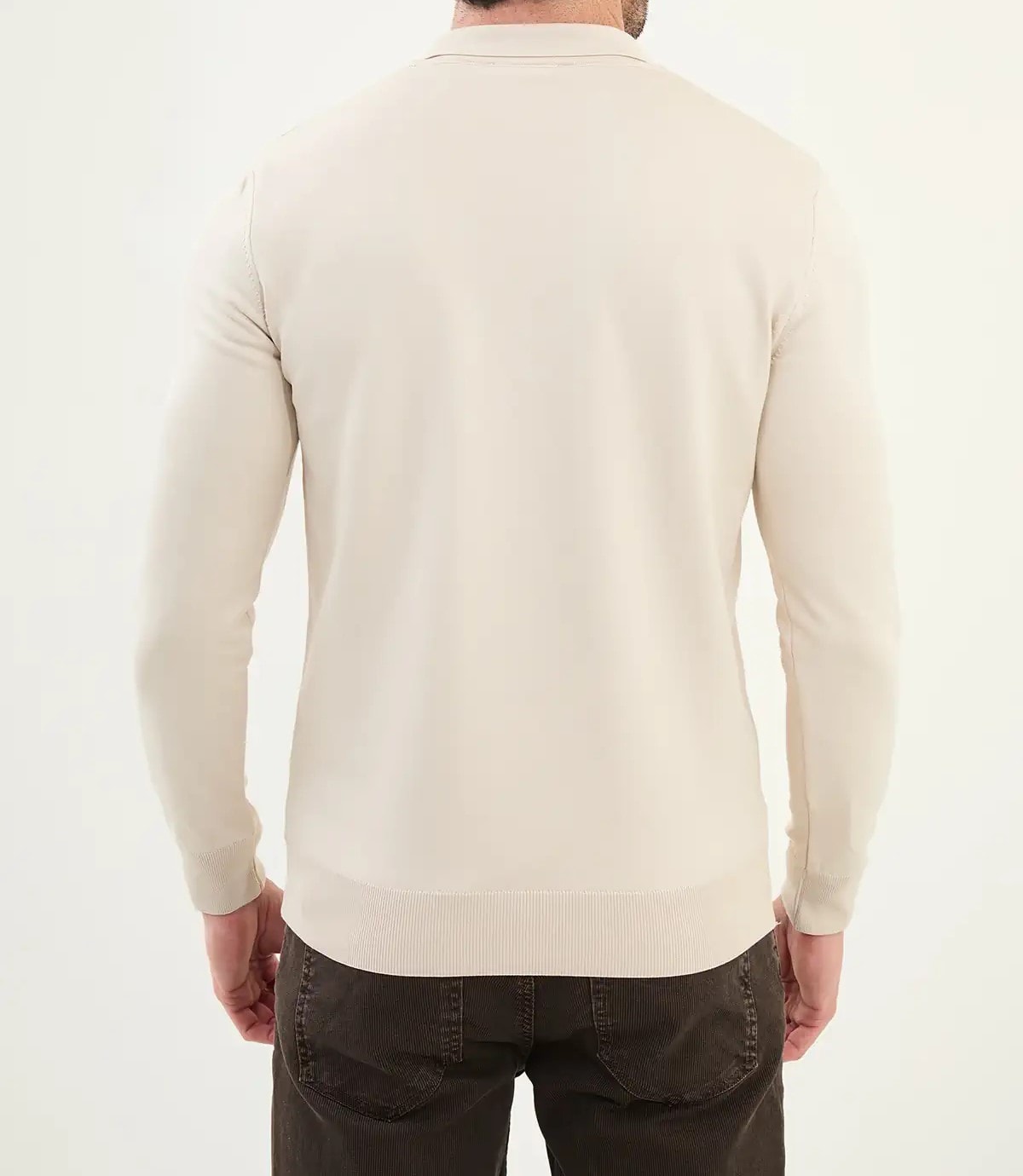 Düz Slim Fit Fermuarlı Polo Yaka Triko Kazak - Koyu Bej