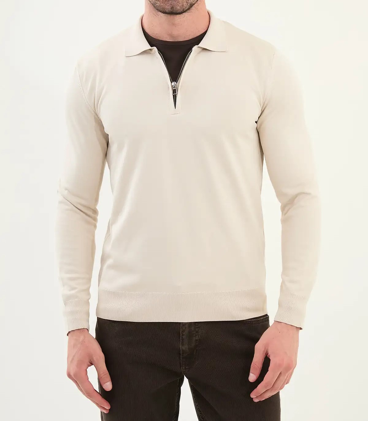Düz Slim Fit Fermuarlı Polo Yaka Triko Kazak - Koyu Bej