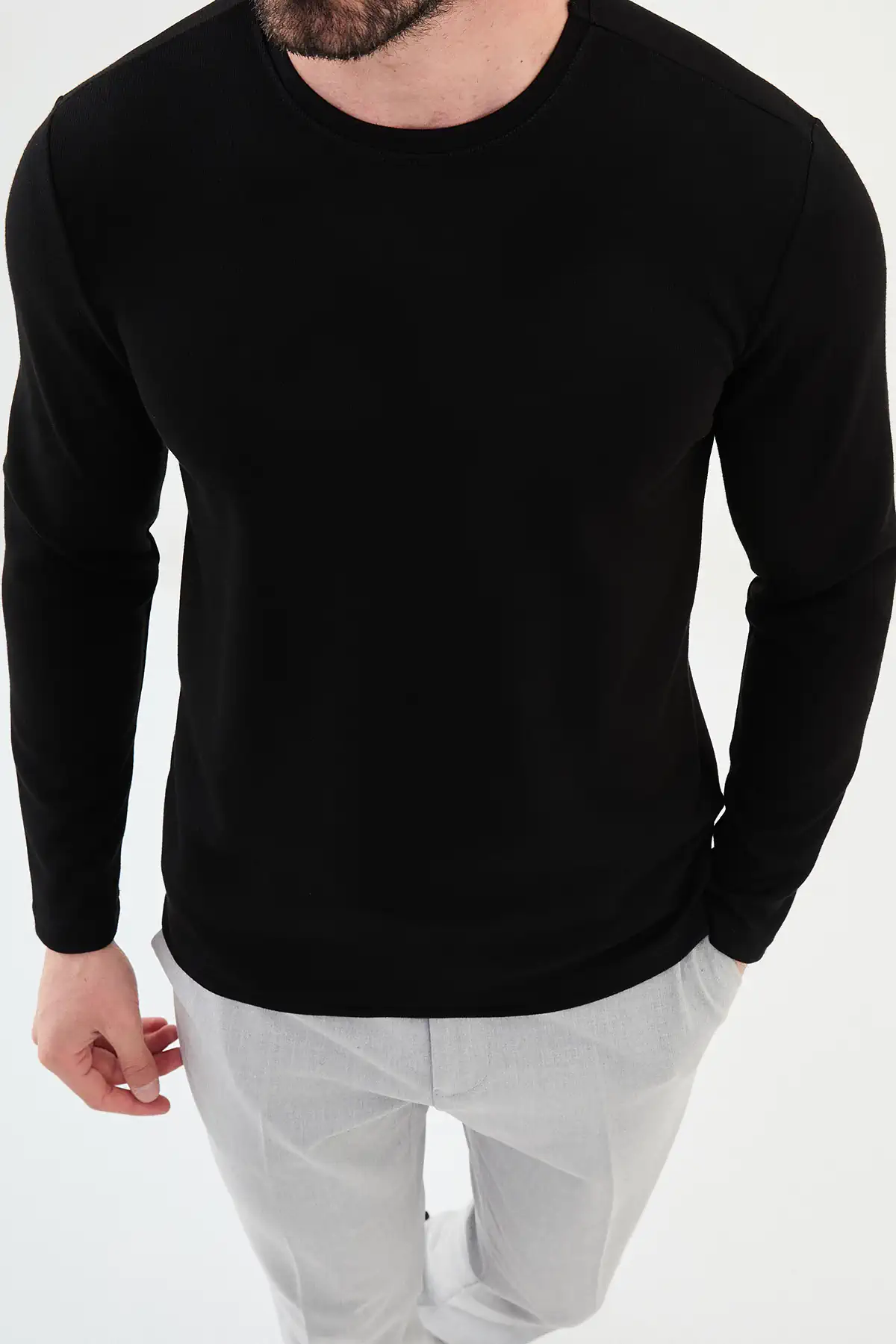 Desenli Slim Fit Bisiklet Yaka Triko  - Siyah
