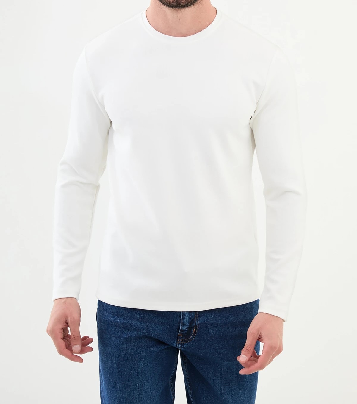 Desenli Slim Fit Bisiklet Yaka Triko  - Ekru